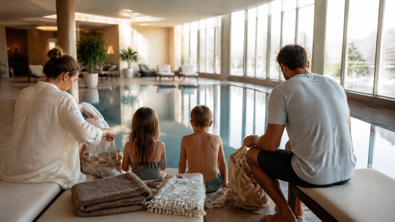 Préparation familiale au bord d’un bassin intérieur