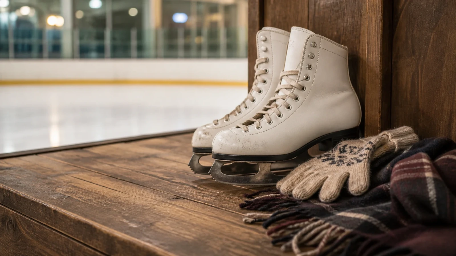 Patins, gants et écharpe prêts pour une séance sur glace