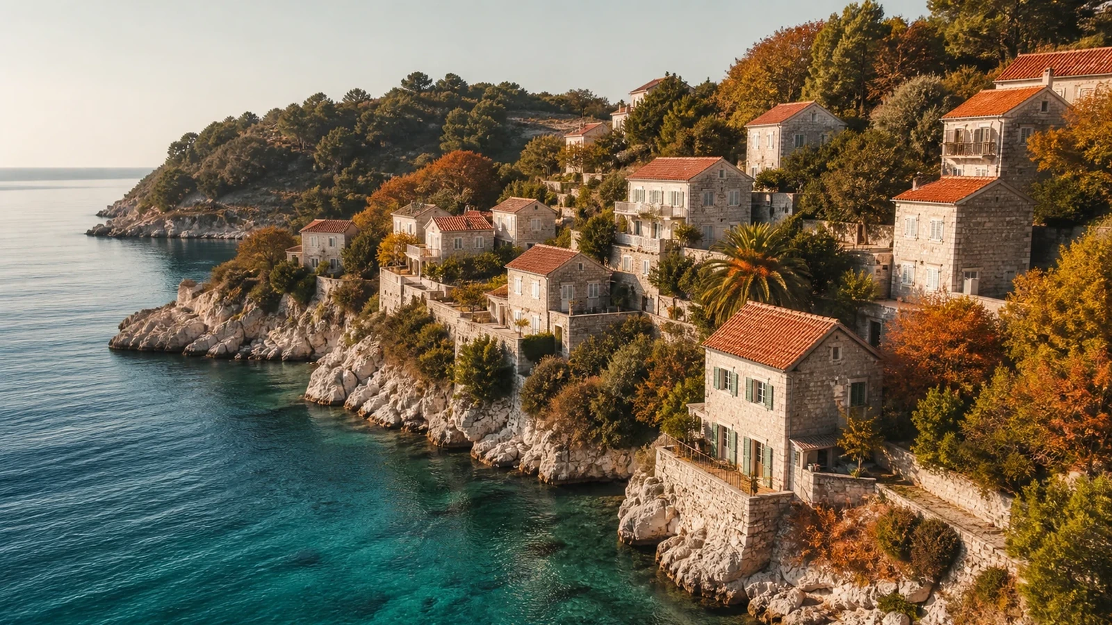 Crique méditerranéenne calme bordée de maisons claires en octobre
