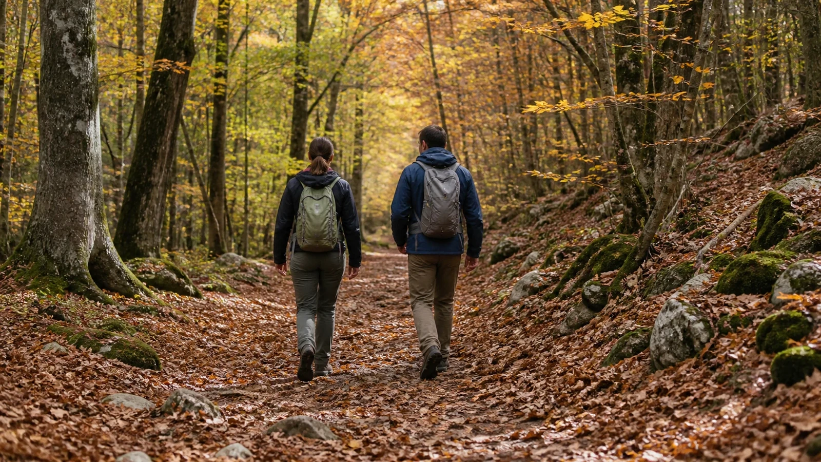 Randonneurs sur un sentier forestier européen aux couleurs d’automne