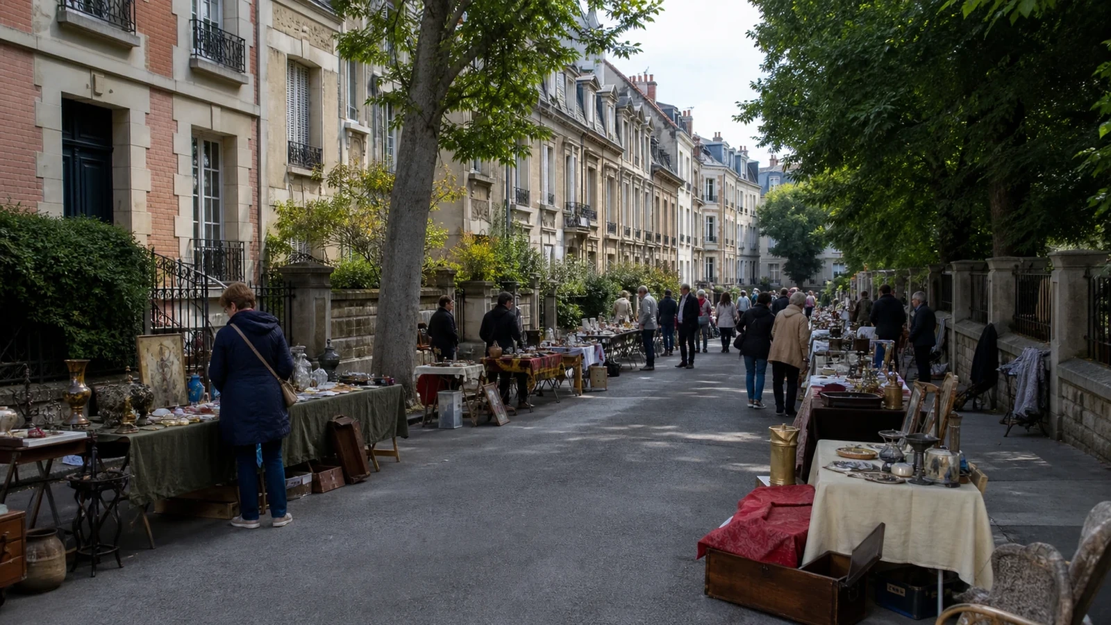 Vide-greniers dans une rue rémoise avec stands et visiteurs
