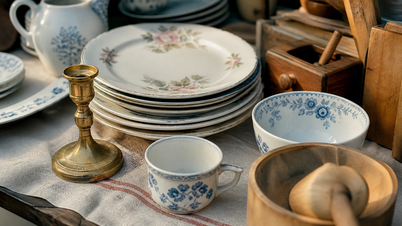 Détail de vaisselle et d’objets anciens sur un stand