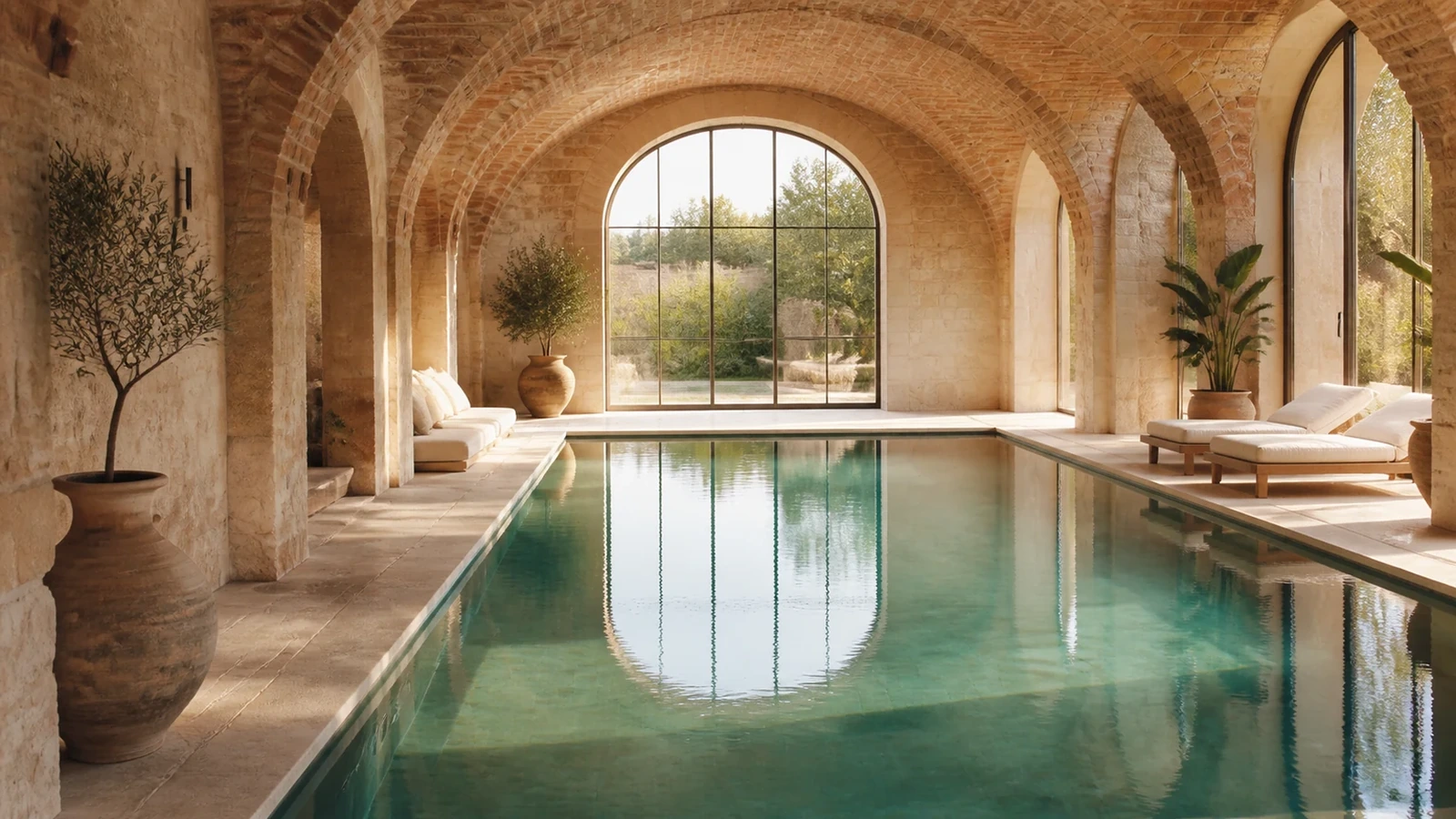 Bassin intérieur aux arches de brique dans une ambiance toulousaine