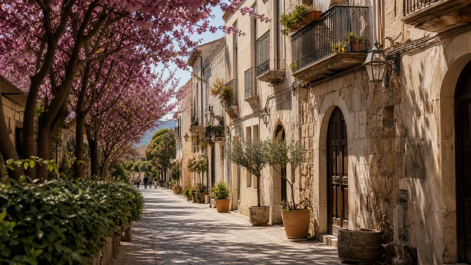 Rue du sud de l’Europe au printemps avec arbres en fleurs