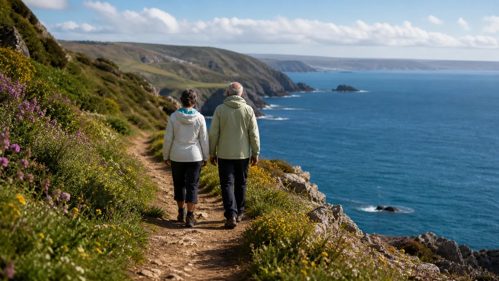 Marche sur un sentier côtier au printemps
